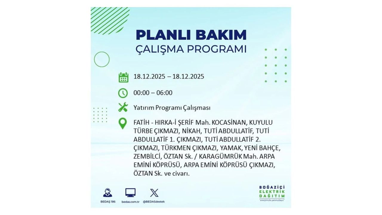 İstanbul'un 21 ilçesinde elektrik kesintisi olacak! İşte İstanbul'da 18 Aralık elektrik kesintisi olacak ilçeler 78