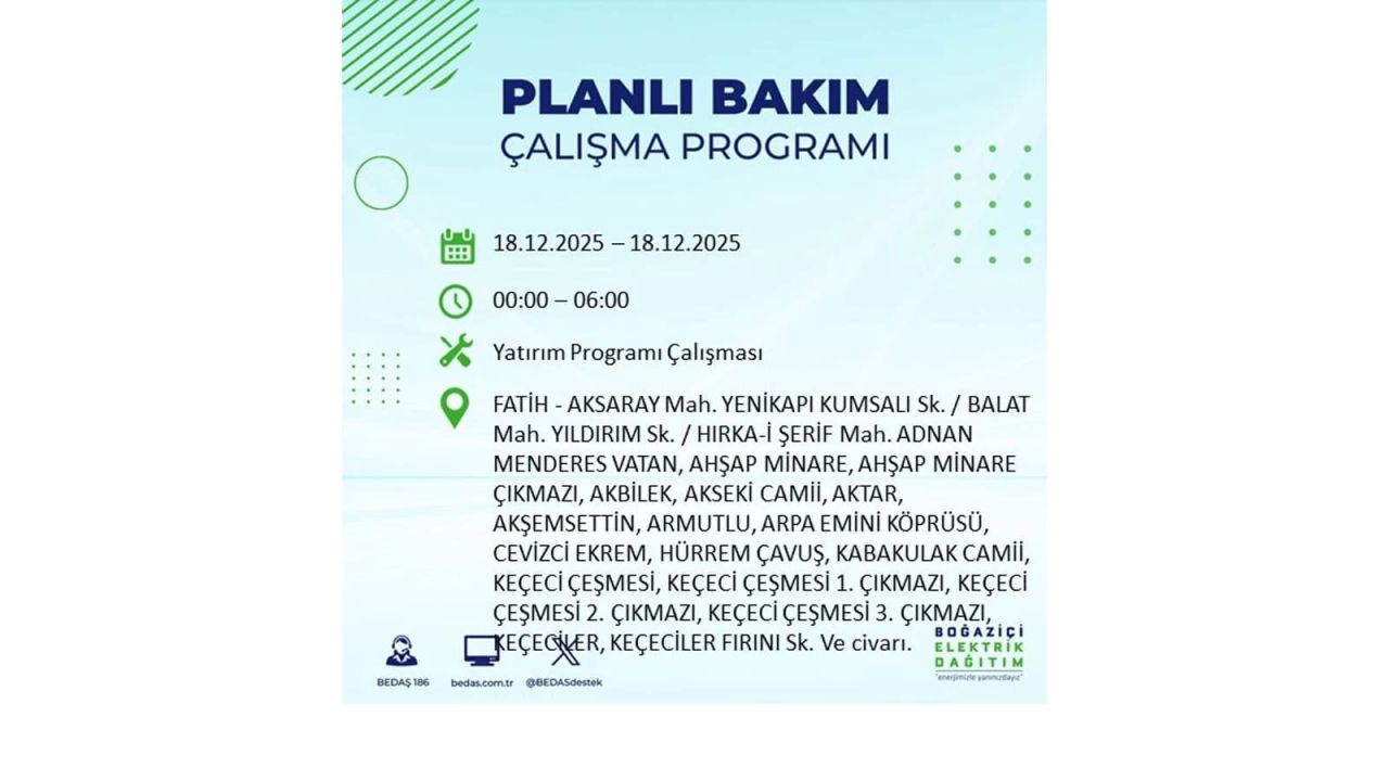 İstanbul'un 21 ilçesinde elektrik kesintisi olacak! İşte İstanbul'da 18 Aralık elektrik kesintisi olacak ilçeler 79