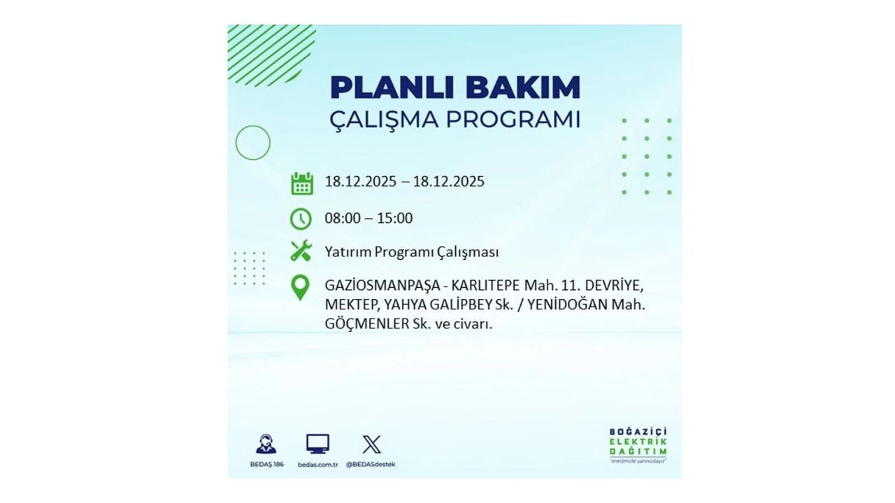 İstanbul'un 21 ilçesinde elektrik kesintisi olacak! İşte İstanbul'da 18 Aralık elektrik kesintisi olacak ilçeler 81