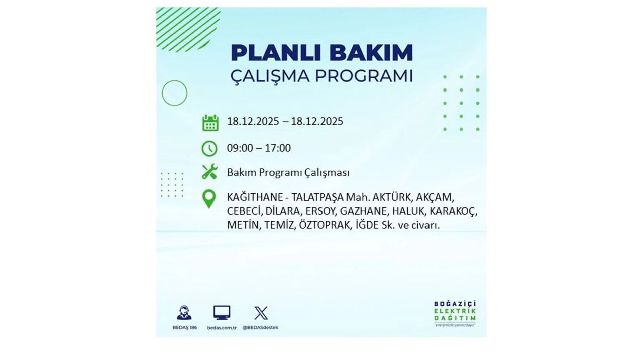 İstanbul'un 21 ilçesinde elektrik kesintisi olacak! İşte İstanbul'da 18 Aralık elektrik kesintisi olacak ilçeler 82