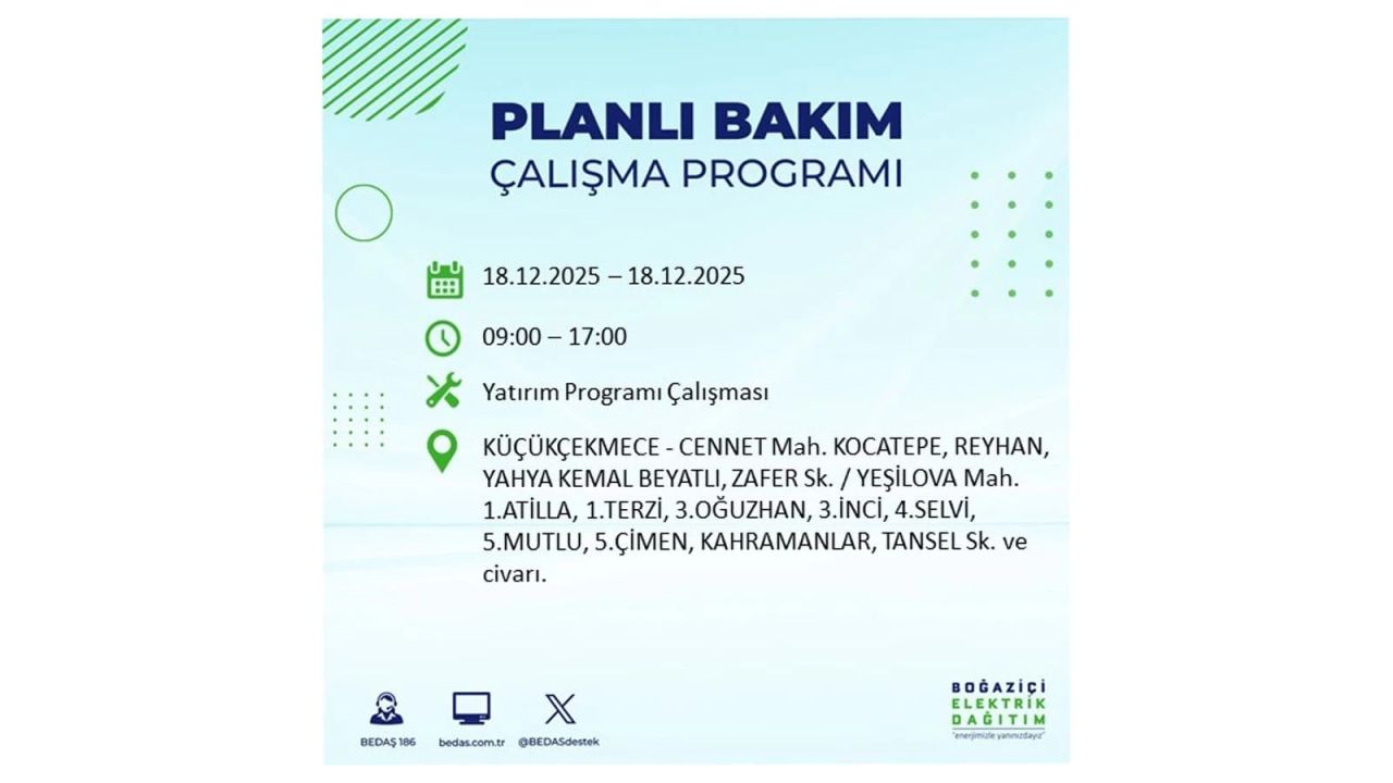 İstanbul'un 21 ilçesinde elektrik kesintisi olacak! İşte İstanbul'da 18 Aralık elektrik kesintisi olacak ilçeler 84