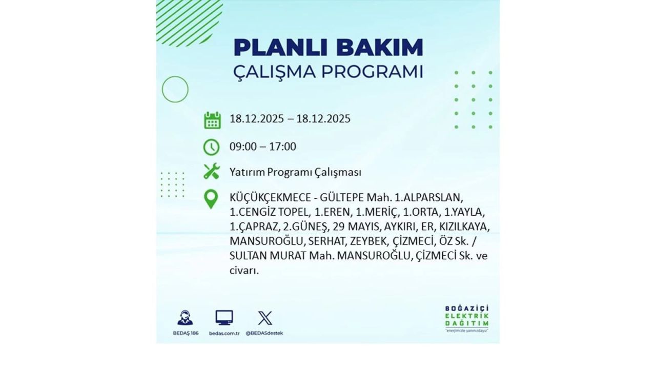 İstanbul'un 21 ilçesinde elektrik kesintisi olacak! İşte İstanbul'da 18 Aralık elektrik kesintisi olacak ilçeler 85