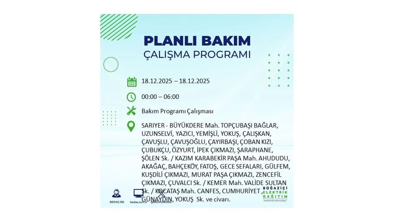 İstanbul'un 21 ilçesinde elektrik kesintisi olacak! İşte İstanbul'da 18 Aralık elektrik kesintisi olacak ilçeler 87