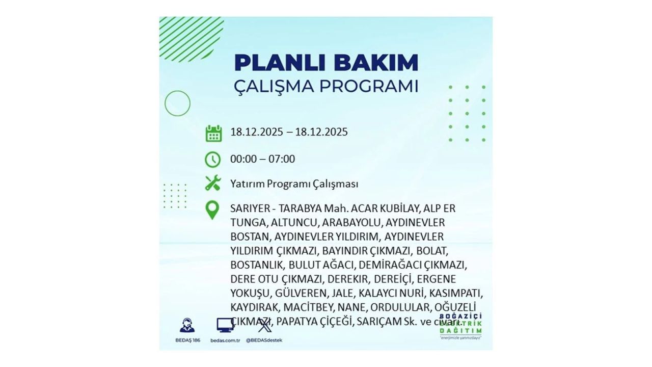 İstanbul'un 21 ilçesinde elektrik kesintisi olacak! İşte İstanbul'da 18 Aralık elektrik kesintisi olacak ilçeler 91