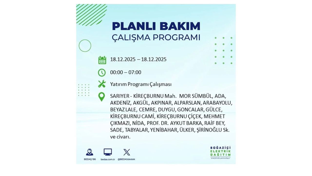 İstanbul'un 21 ilçesinde elektrik kesintisi olacak! İşte İstanbul'da 18 Aralık elektrik kesintisi olacak ilçeler 92
