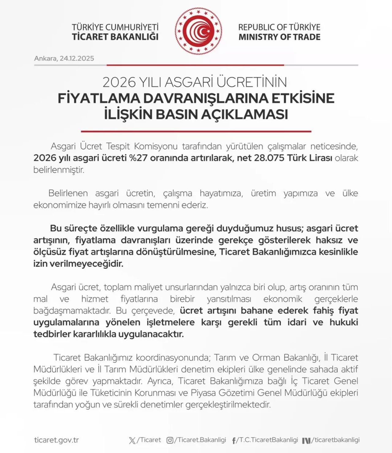 Asgari ücret 28 bin 75 TL oldu! Ticaret Bakanlığı'ndan fahiş fiyat açıklaması: "Kesinlikle izin verilmeyecek" 6