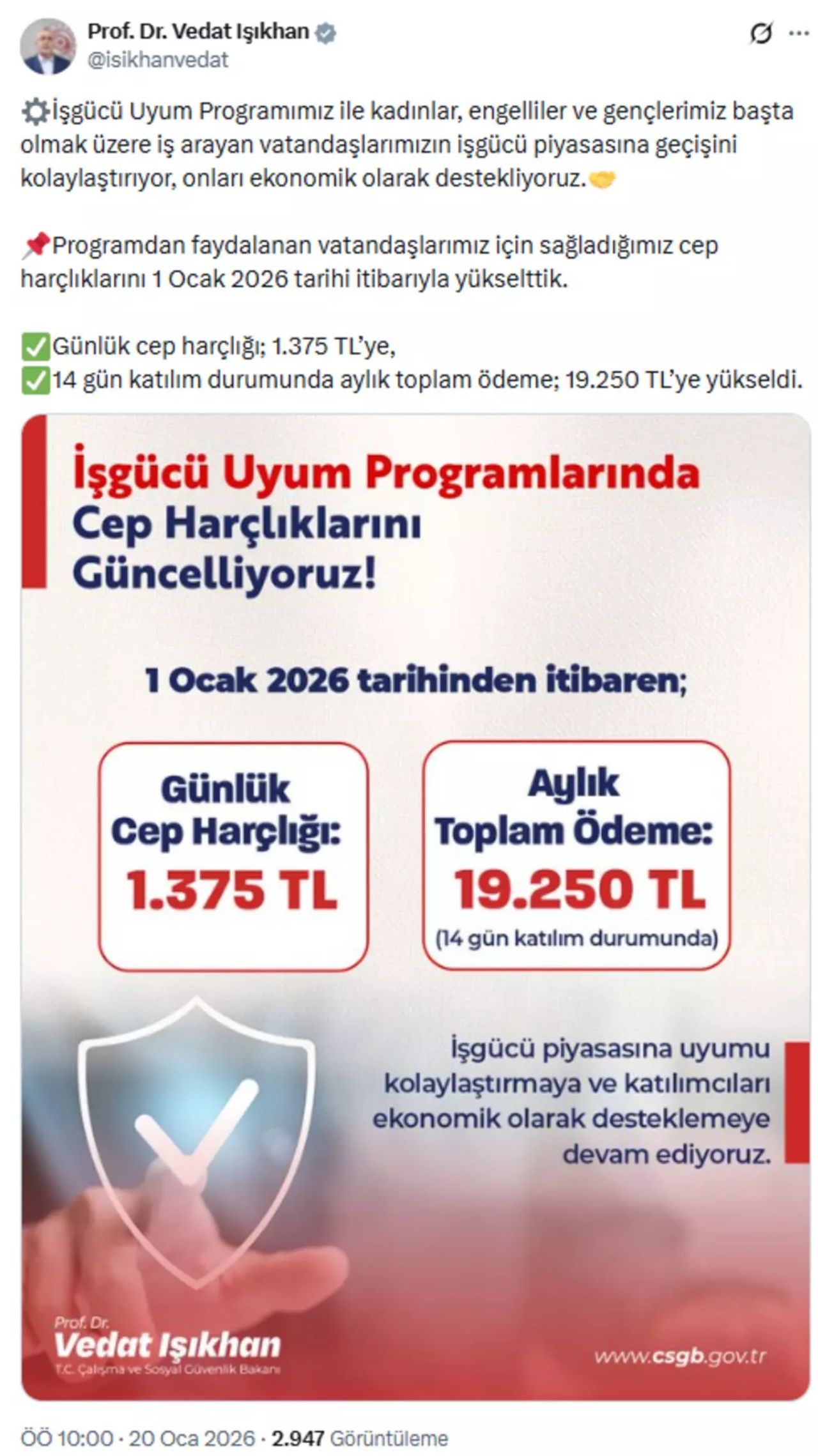 Bakan Işıkhan duyurdu: Günlük cep harçlığına zam yapıldı 6