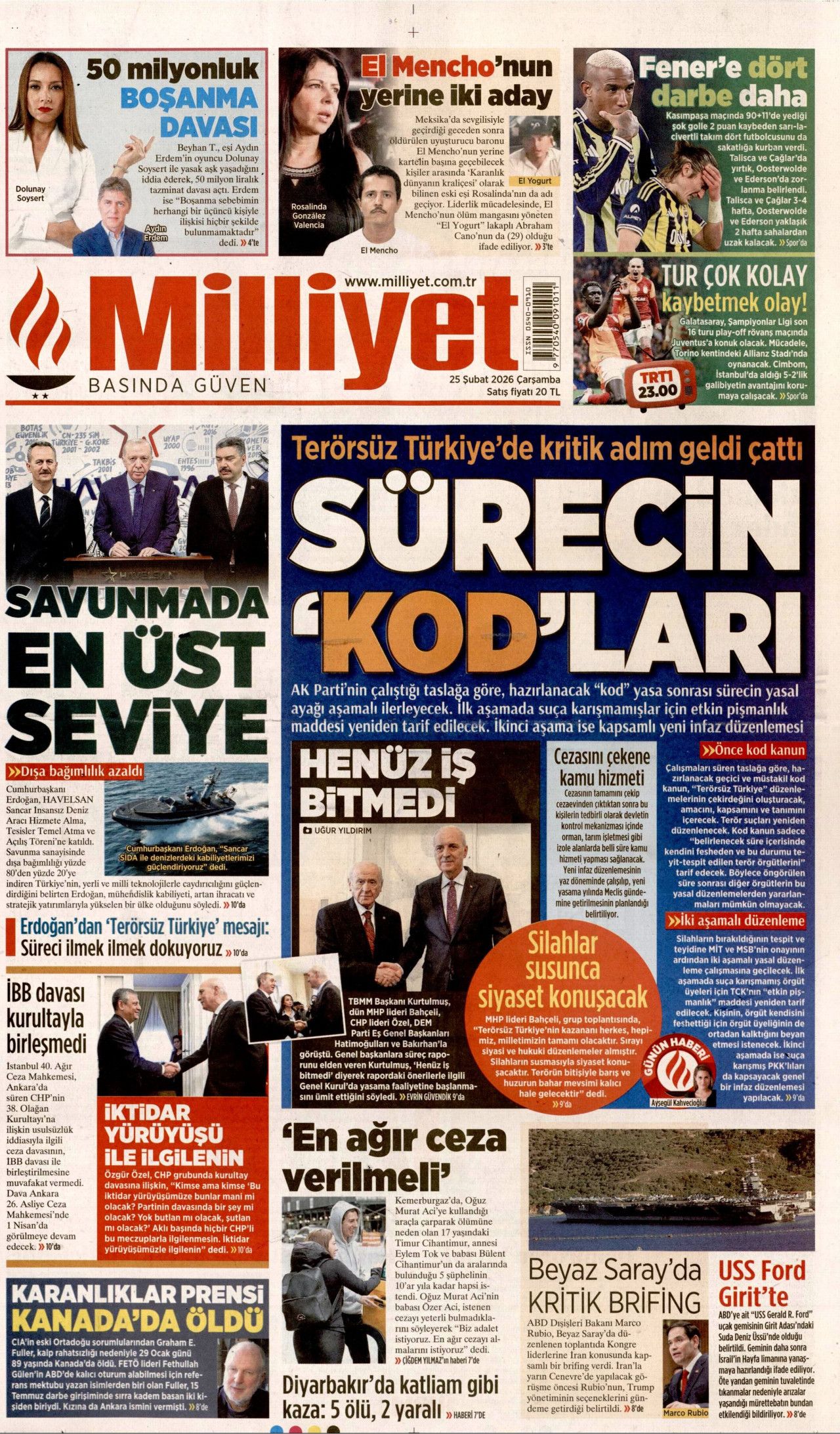 Terörsüz Türkiye'de kritik adım geldi çattı! İşte sürecin kodları... 25 Şubat Çarşamba gazete manşetleri... 1