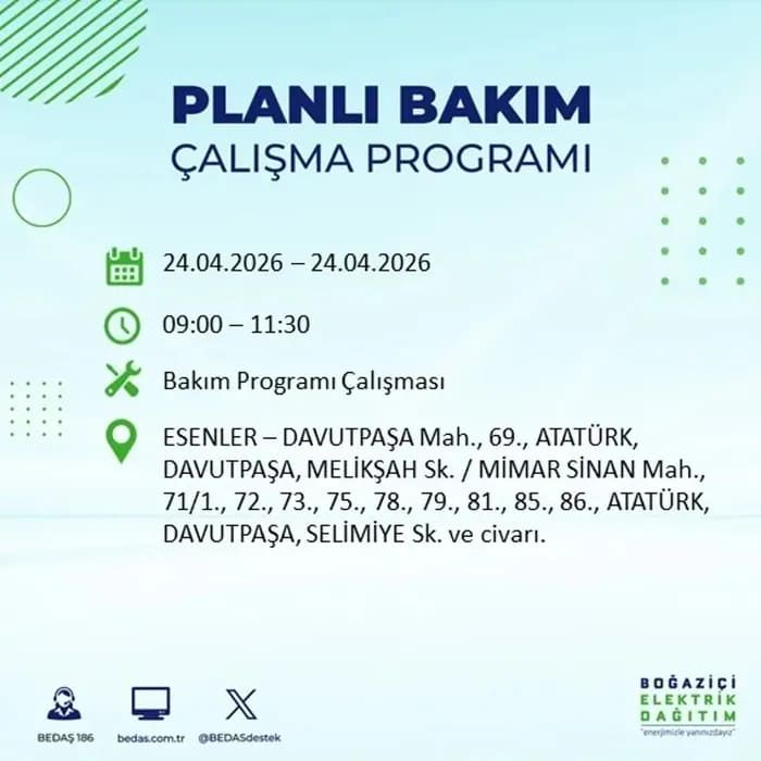 İstanbul'da yaşayanlar dikkat! Birçok ilçede elektrik kesintisi yaşanacak: İstanbul elektrik kesintisi sorgulama 24 Nisan 2026 12