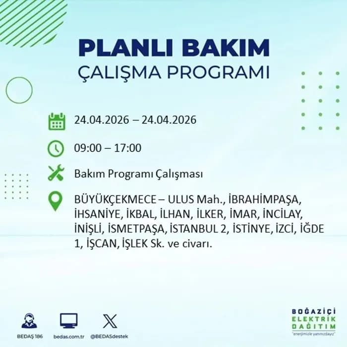 İstanbul'da yaşayanlar dikkat! Birçok ilçede elektrik kesintisi yaşanacak: İstanbul elektrik kesintisi sorgulama 24 Nisan 2026 13