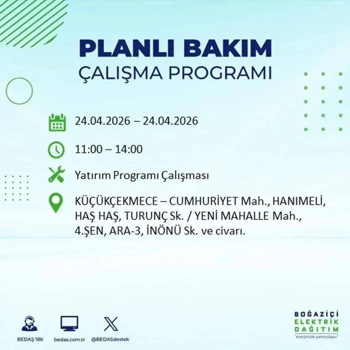 İstanbul'da yaşayanlar dikkat! Birçok ilçede elektrik kesintisi yaşanacak: İstanbul elektrik kesintisi sorgulama 24 Nisan 2026 20