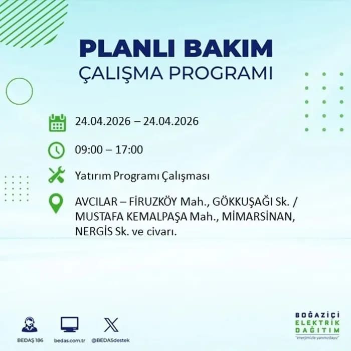 İstanbul'da yaşayanlar dikkat! Birçok ilçede elektrik kesintisi yaşanacak: İstanbul elektrik kesintisi sorgulama 24 Nisan 2026 21