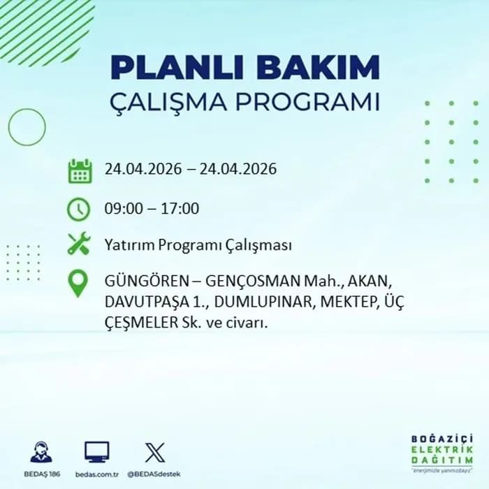 İstanbul'da yaşayanlar dikkat! Birçok ilçede elektrik kesintisi yaşanacak: İstanbul elektrik kesintisi sorgulama 24 Nisan 2026 22
