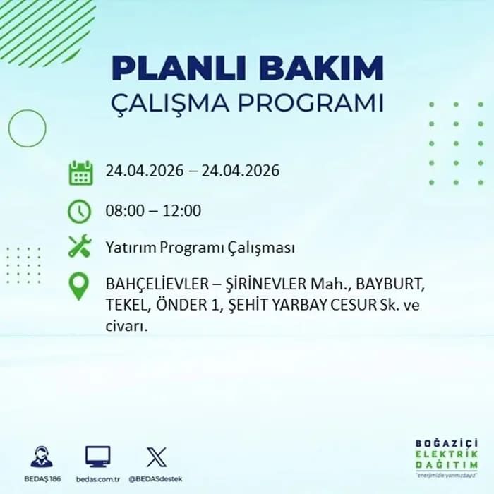 İstanbul'da yaşayanlar dikkat! Birçok ilçede elektrik kesintisi yaşanacak: İstanbul elektrik kesintisi sorgulama 24 Nisan 2026 23
