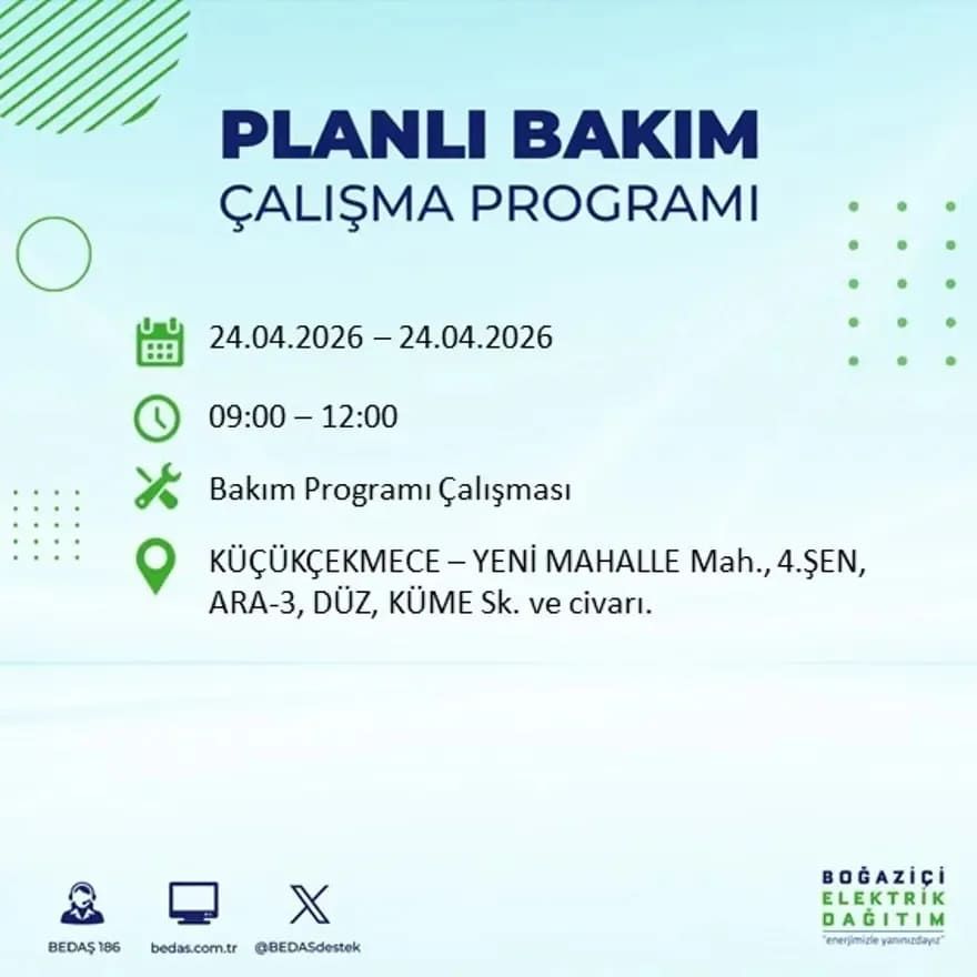 İstanbul'da yaşayanlar dikkat! Birçok ilçede elektrik kesintisi yaşanacak: İstanbul elektrik kesintisi sorgulama 24 Nisan 2026 26