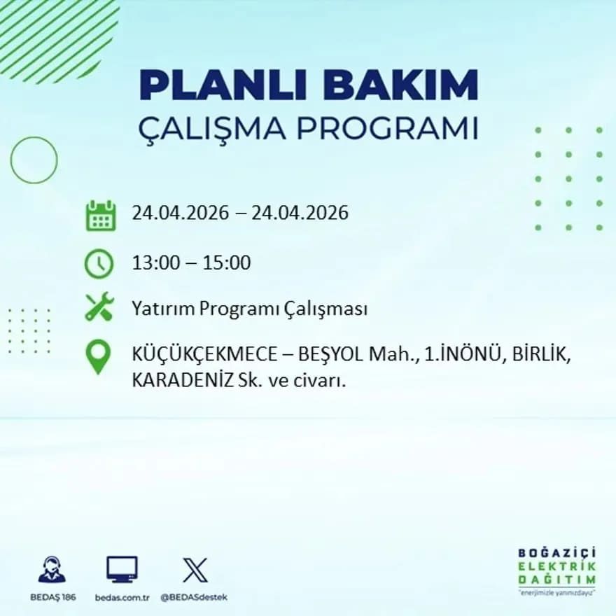 İstanbul'da yaşayanlar dikkat! Birçok ilçede elektrik kesintisi yaşanacak: İstanbul elektrik kesintisi sorgulama 24 Nisan 2026 28