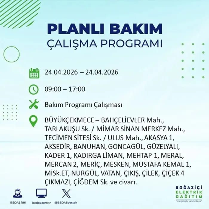 İstanbul'da yaşayanlar dikkat! Birçok ilçede elektrik kesintisi yaşanacak: İstanbul elektrik kesintisi sorgulama 24 Nisan 2026 3