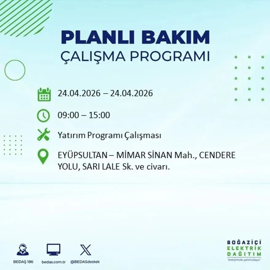 İstanbul'da yaşayanlar dikkat! Birçok ilçede elektrik kesintisi yaşanacak: İstanbul elektrik kesintisi sorgulama 24 Nisan 2026 30