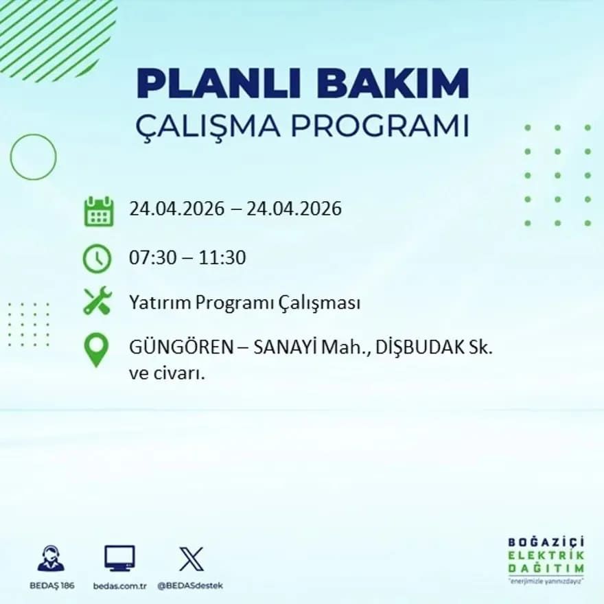 İstanbul'da yaşayanlar dikkat! Birçok ilçede elektrik kesintisi yaşanacak: İstanbul elektrik kesintisi sorgulama 24 Nisan 2026 33
