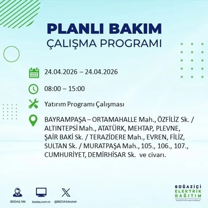 İstanbul'da yaşayanlar dikkat! Birçok ilçede elektrik kesintisi yaşanacak: İstanbul elektrik kesintisi sorgulama 24 Nisan 2026 8