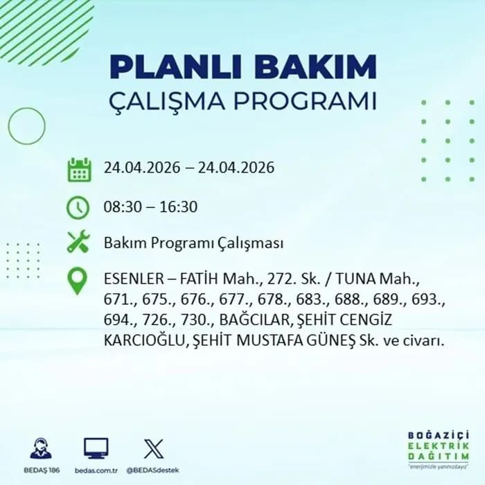 İstanbul'da yaşayanlar dikkat! Birçok ilçede elektrik kesintisi yaşanacak: İstanbul elektrik kesintisi sorgulama 24 Nisan 2026 9