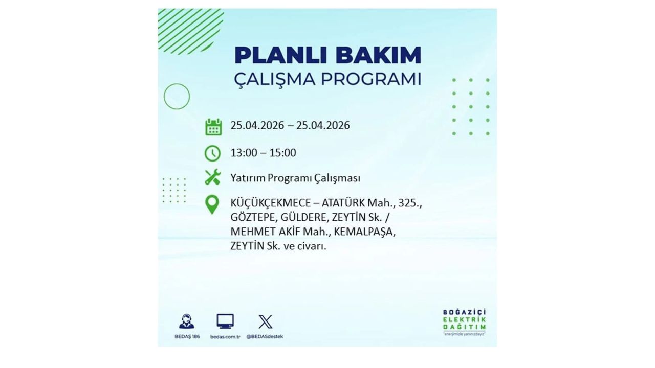 BEDAŞ duyurdu: İşte İstanbul'da 25 Nisan elektrik kesintisi yaşanacak ilçeler 21