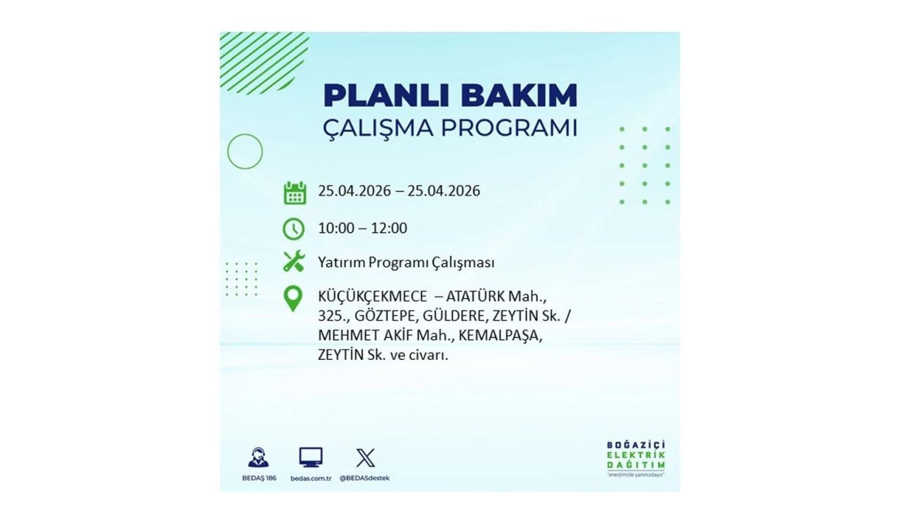 BEDAŞ duyurdu: İşte İstanbul'da 25 Nisan elektrik kesintisi yaşanacak ilçeler 23