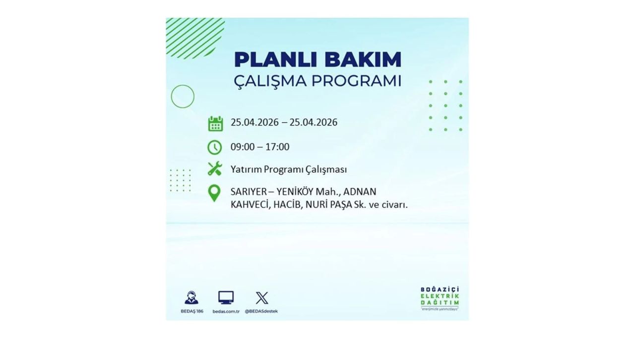 BEDAŞ duyurdu: İşte İstanbul'da 25 Nisan elektrik kesintisi yaşanacak ilçeler 26