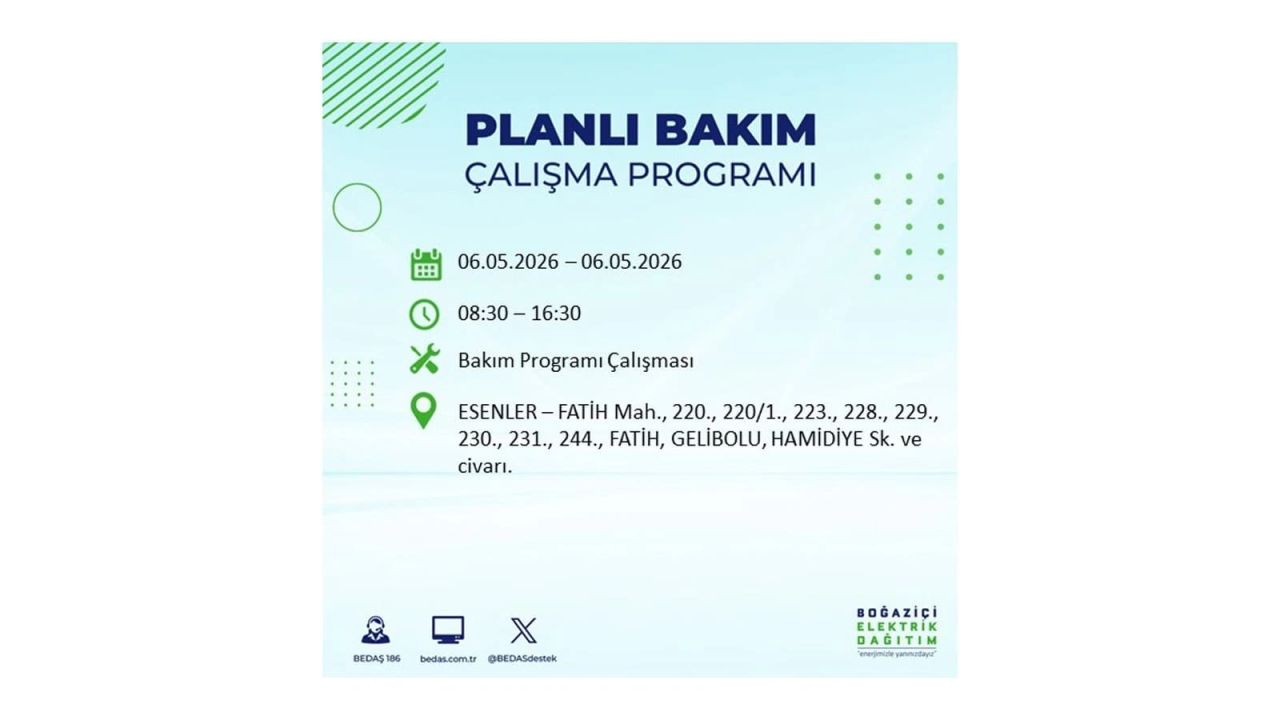 BEDAŞ duyurdu: İşte İstanbul'da 6 Mayıs 2026 elektrik kesintisi yaşanacak ilçeler 15