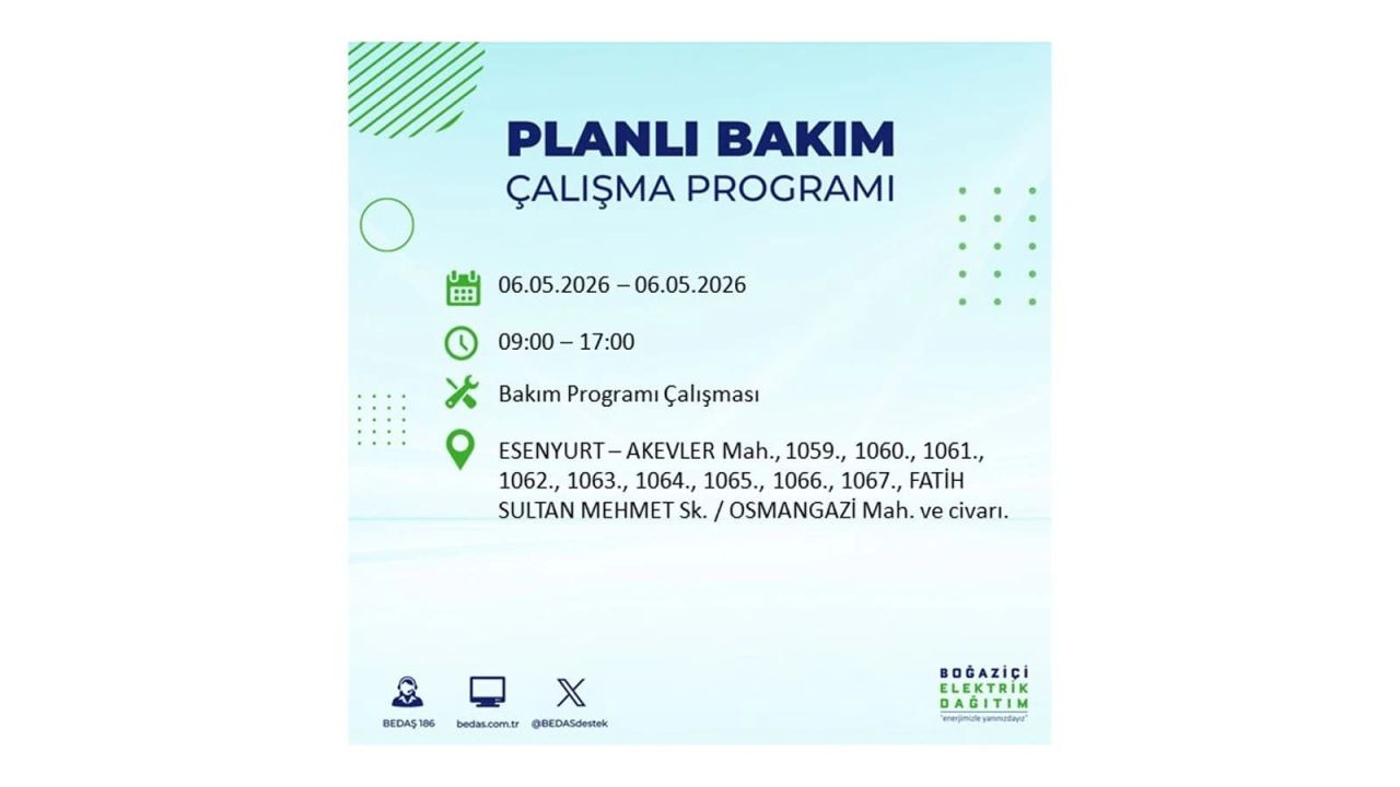 BEDAŞ duyurdu: İşte İstanbul'da 6 Mayıs 2026 elektrik kesintisi yaşanacak ilçeler 17
