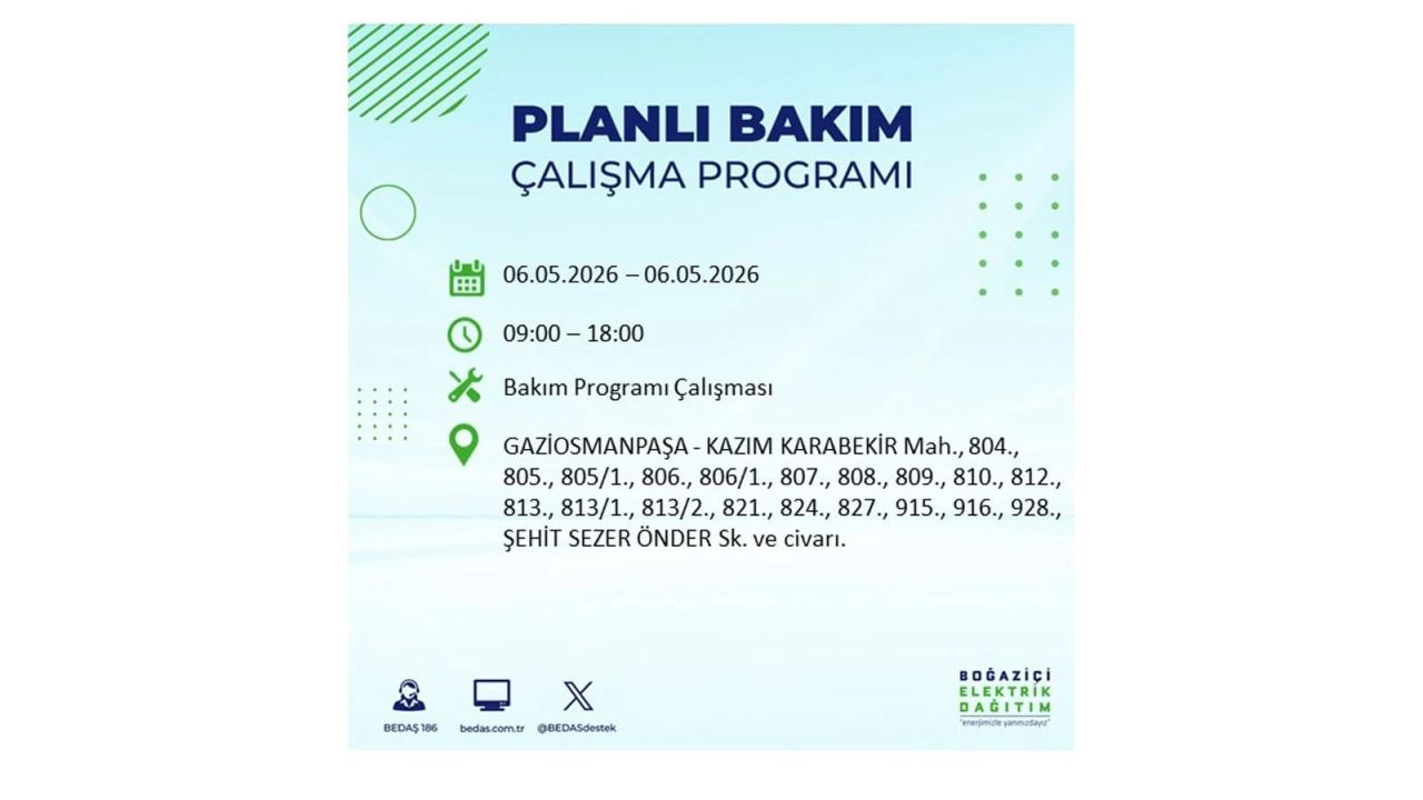 BEDAŞ duyurdu: İşte İstanbul'da 6 Mayıs 2026 elektrik kesintisi yaşanacak ilçeler 26