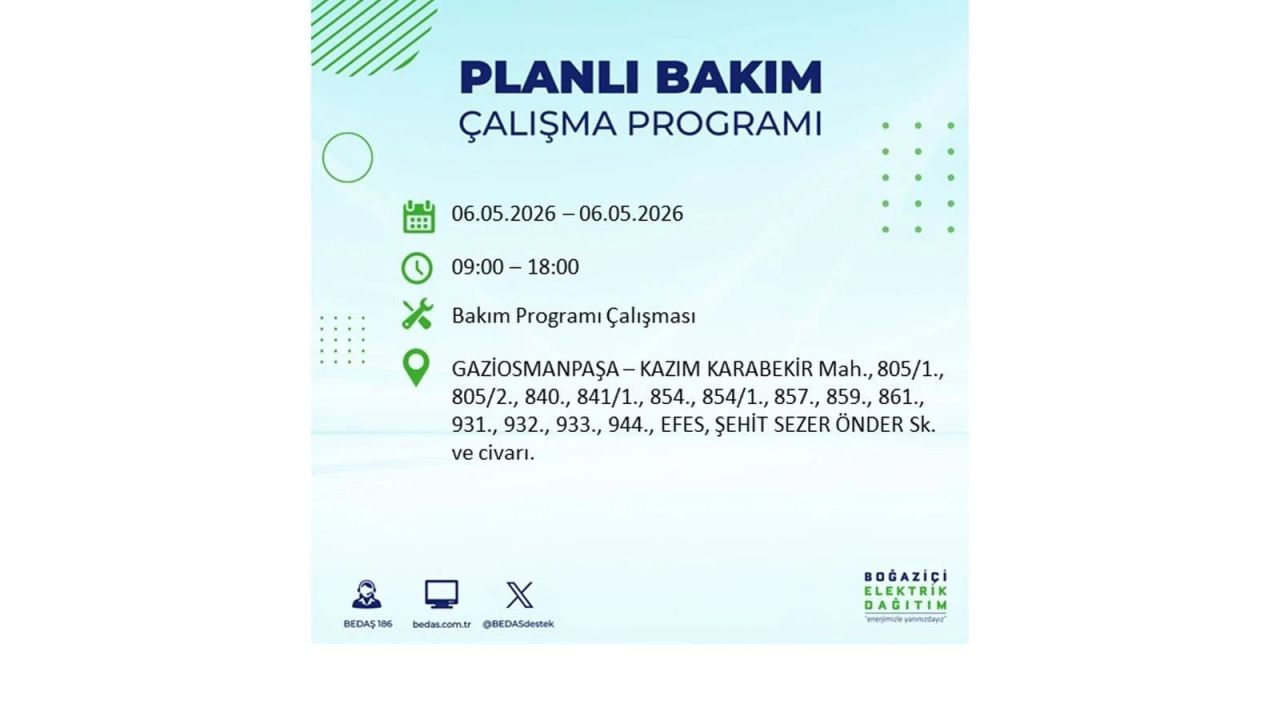 BEDAŞ duyurdu: İşte İstanbul'da 6 Mayıs 2026 elektrik kesintisi yaşanacak ilçeler 28