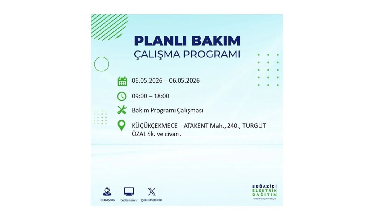 BEDAŞ duyurdu: İşte İstanbul'da 6 Mayıs 2026 elektrik kesintisi yaşanacak ilçeler 30