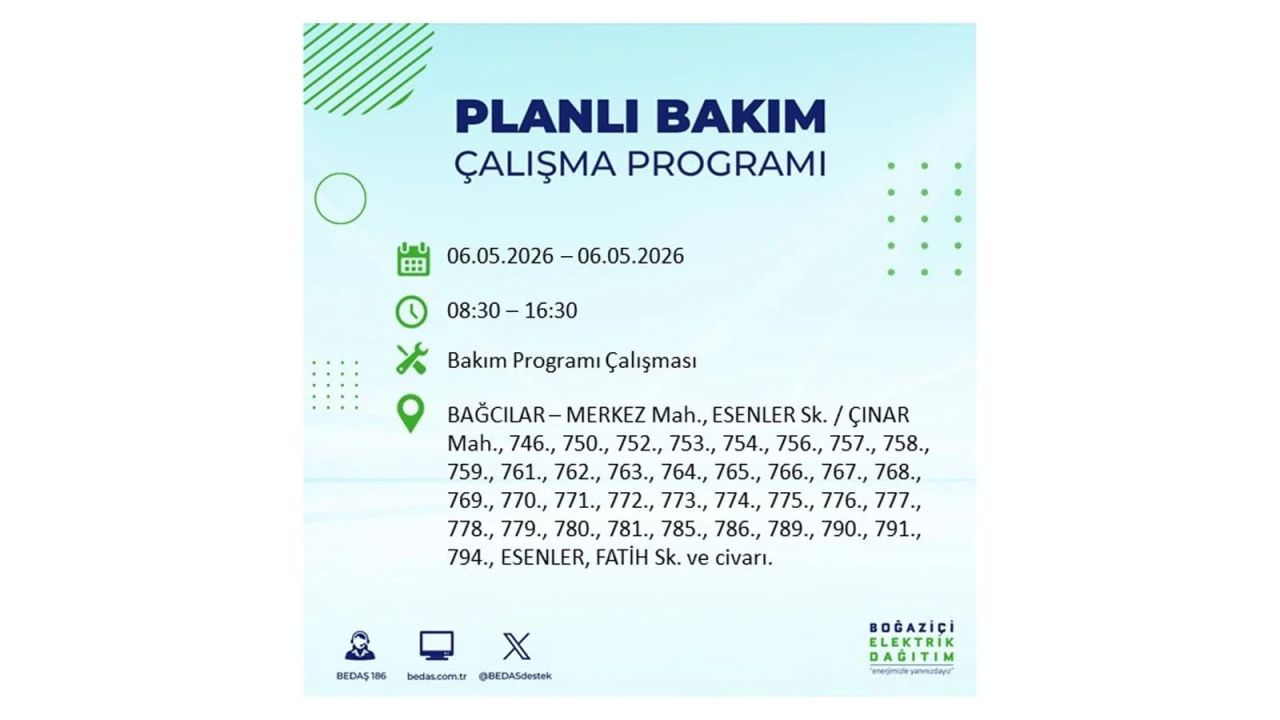 BEDAŞ duyurdu: İşte İstanbul'da 6 Mayıs 2026 elektrik kesintisi yaşanacak ilçeler 5