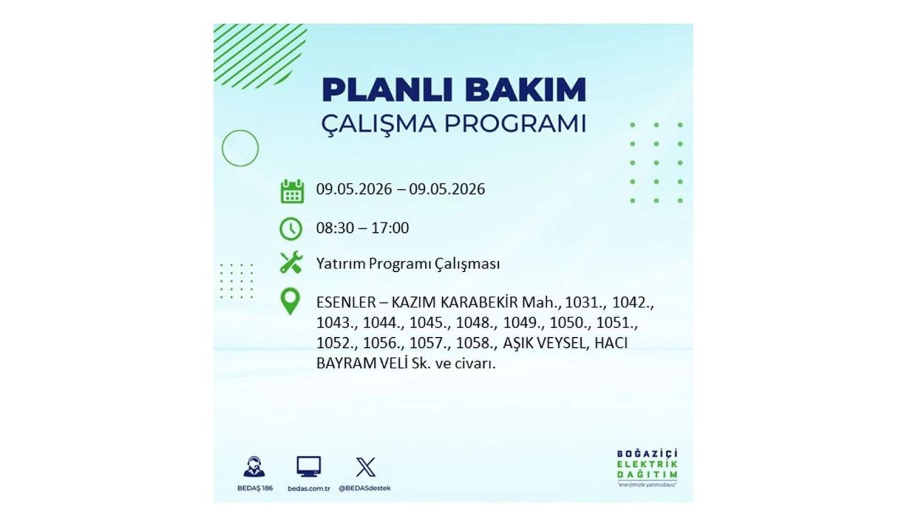 İstanbul’da elektrik kesintisi olacak ilçeler açıklandı! 9 Mayıs 2026 10