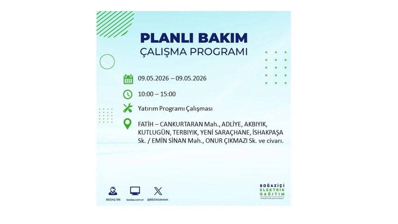 İstanbul’da elektrik kesintisi olacak ilçeler açıklandı! 9 Mayıs 2026 13