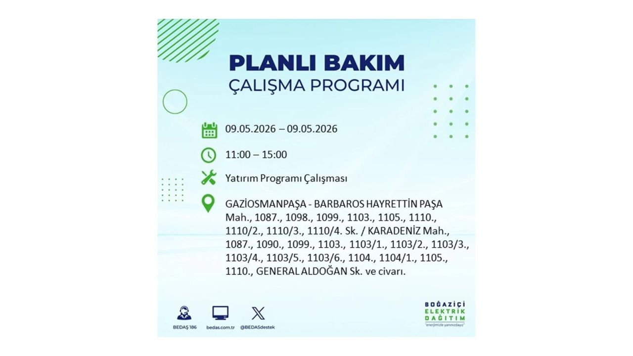 İstanbul’da elektrik kesintisi olacak ilçeler açıklandı! 9 Mayıs 2026 16