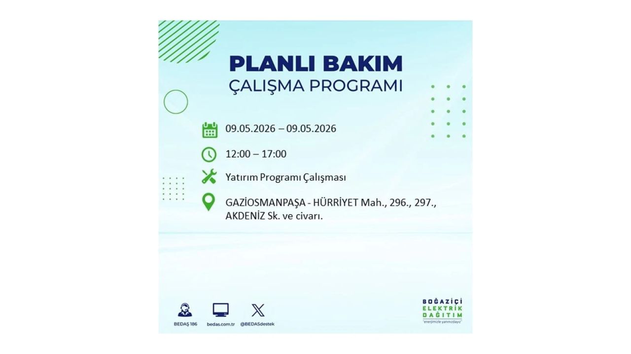 İstanbul’da elektrik kesintisi olacak ilçeler açıklandı! 9 Mayıs 2026 17