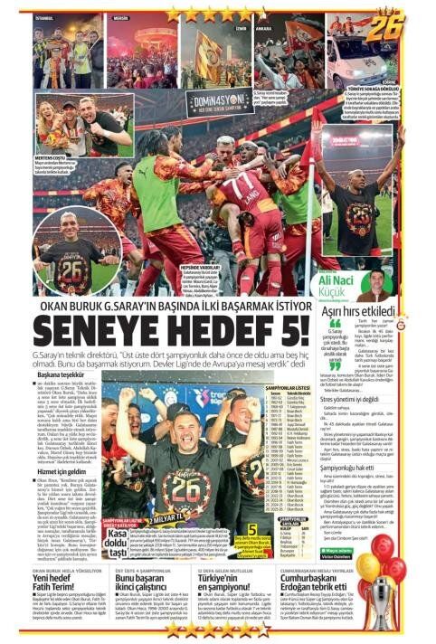 "Dört dörtlük şampiyon!" İşte Galatasaray'ın 26. şampiyonluğu sonrası atılan gazete manşetleri 26