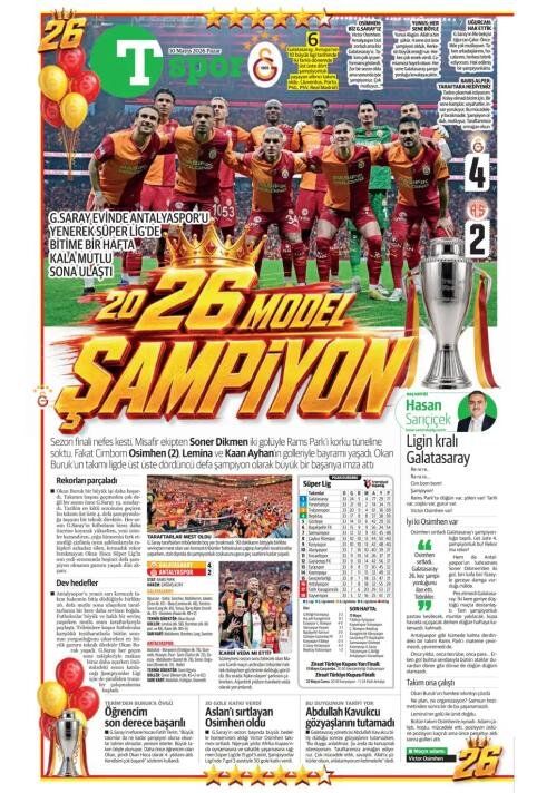 "Dört dörtlük şampiyon!" İşte Galatasaray'ın 26. şampiyonluğu sonrası atılan gazete manşetleri 6