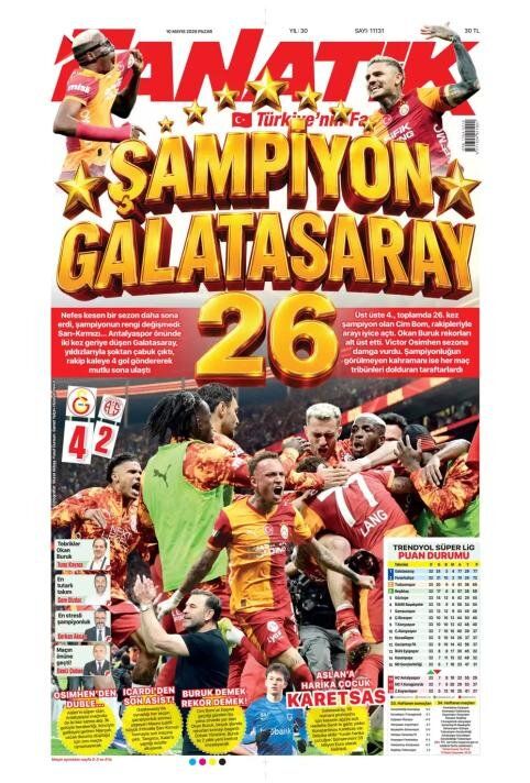 "Dört dörtlük şampiyon!" İşte Galatasaray'ın 26. şampiyonluğu sonrası atılan gazete manşetleri 7