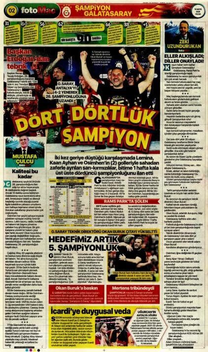 "Dört dörtlük şampiyon!" İşte Galatasaray'ın 26. şampiyonluğu sonrası atılan gazete manşetleri 10