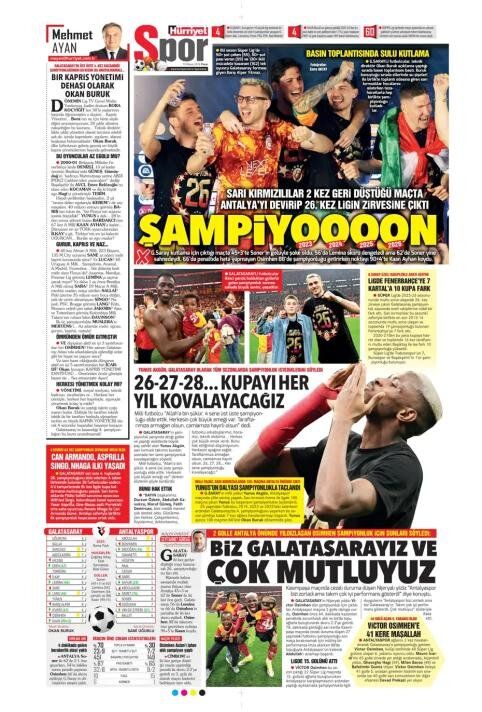 "Dört dörtlük şampiyon!" İşte Galatasaray'ın 26. şampiyonluğu sonrası atılan gazete manşetleri 20