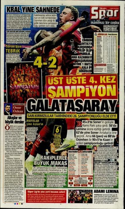 "Dört dörtlük şampiyon!" İşte Galatasaray'ın 26. şampiyonluğu sonrası atılan gazete manşetleri 15