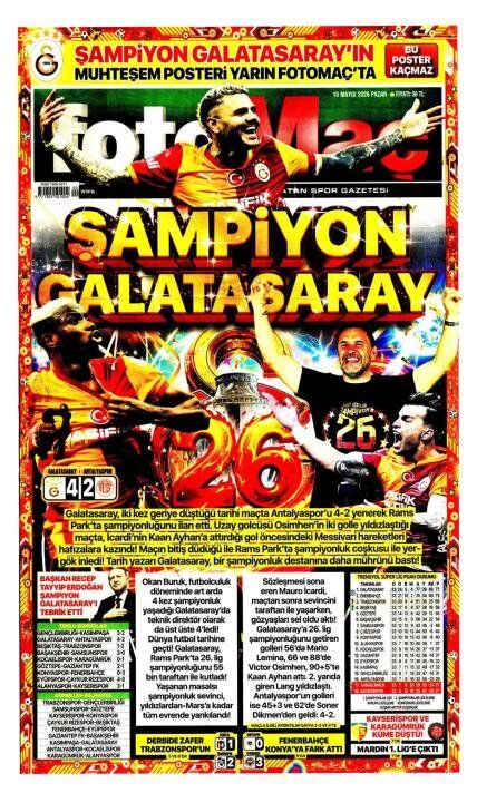 "Dört dörtlük şampiyon!" İşte Galatasaray'ın 26. şampiyonluğu sonrası atılan gazete manşetleri 3