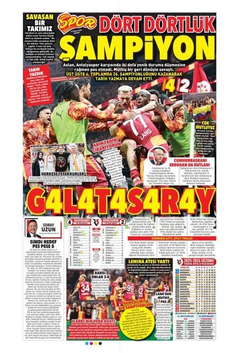 "Dört dörtlük şampiyon!" İşte Galatasaray'ın 26. şampiyonluğu sonrası atılan gazete manşetleri 5