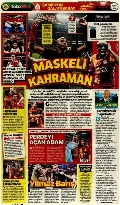 "Dört dörtlük şampiyon!" İşte Galatasaray'ın 26. şampiyonluğu sonrası atılan gazete manşetleri 8