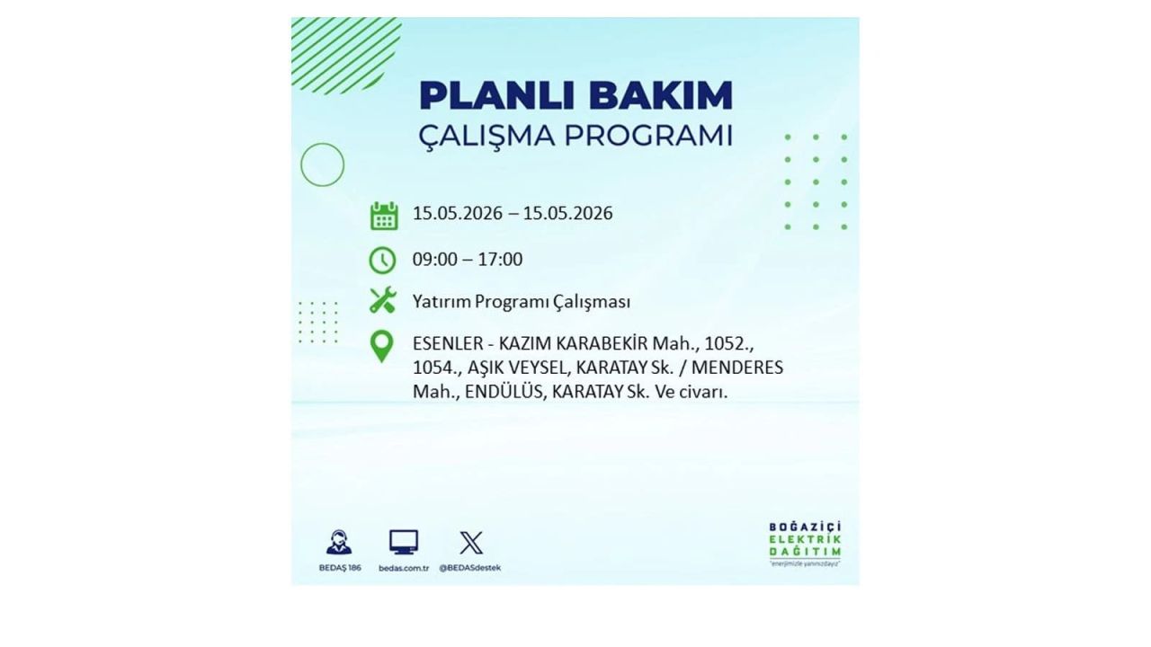 İstanbul'da dev elektrik kesintisi: İşte 15 Mayıs İstanbul elektrik kesintisi olan ilçeler 25