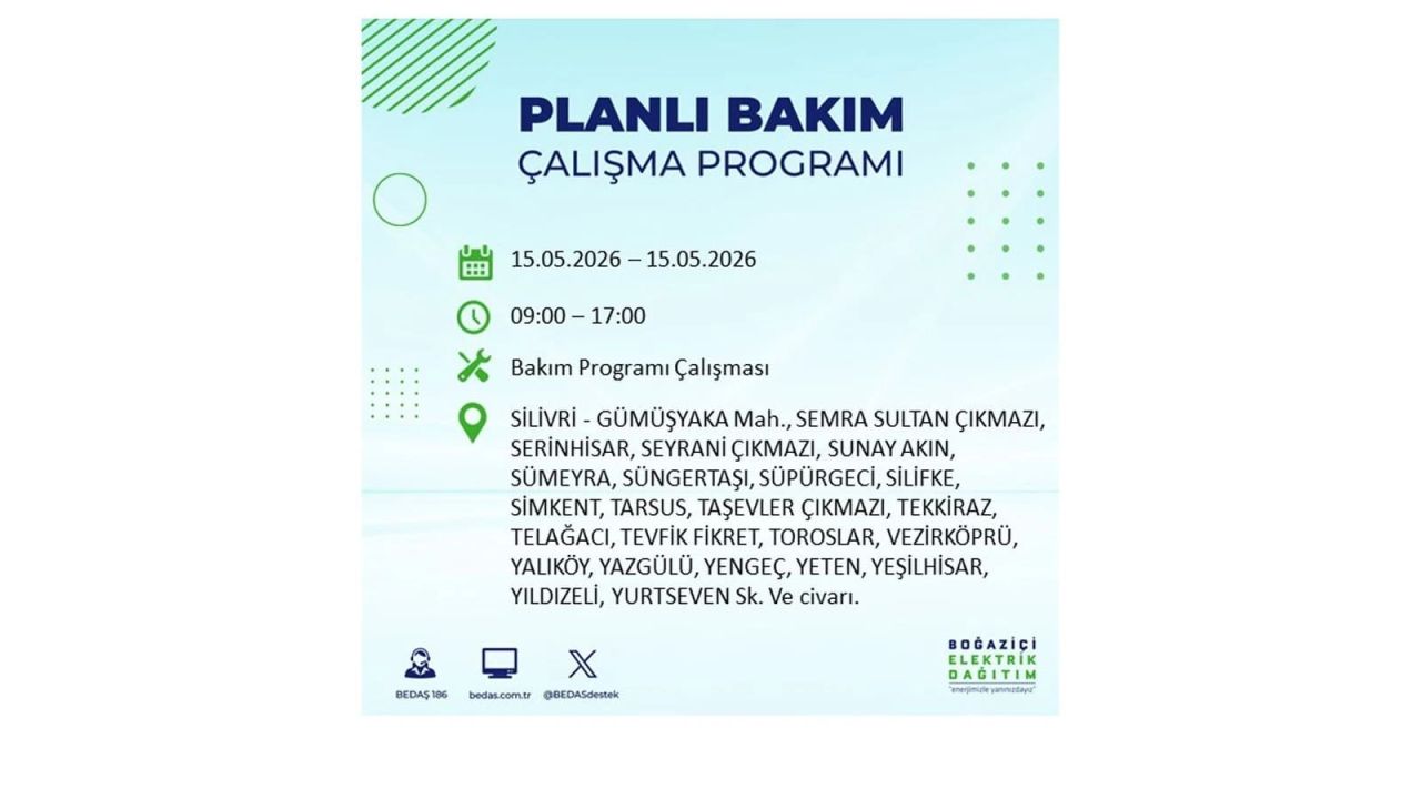 İstanbul'da dev elektrik kesintisi: İşte 15 Mayıs İstanbul elektrik kesintisi olan ilçeler 55