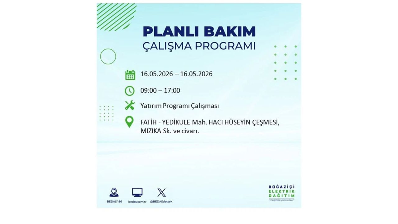 İstanbul’da planlı elektrik kesintisi: Saat saat kesinti programı (16 Mayıs 2026 İstanbul'da elektrikler ne zaman gelecek?) 10
